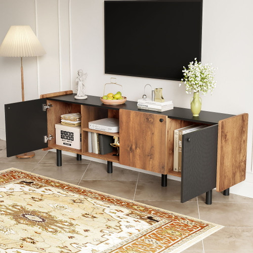 Mid Century TV Stand With 3 Cabinets, Media Console Table For Tvs Up To 70'', Entertainment Center With Storage For Living Room - Black / Brown