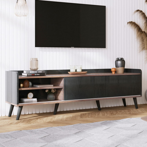 Mid Century TV Stand With 2 Cabinets & Open Compartments, Entertainment Center For Tvs Up To 70'', Television Console For Living Room - Dark Coffee / Black