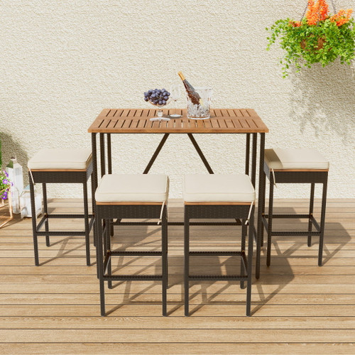 Outdoor Acacia Wood Bar Height Table And Eight Stools With Cushions