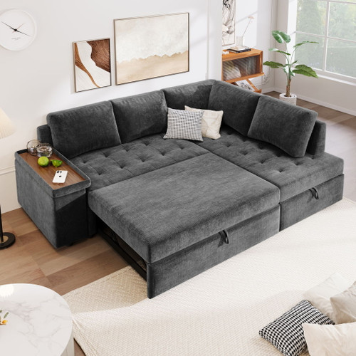 L Shaped Couch With Pull Out Bed And Storage Sectional Sleeper Sofa With Hidden Storage, Wide Armrest With Storage, For Living Room, Apartment, Bedroom, Office L Shaped Couch With Pull Out Bed And Storage Sectional Sleeper Sofa With Hidden Storage, Wide Armrest With Storage, For Living Room, Apartment, Bedroom, Office
