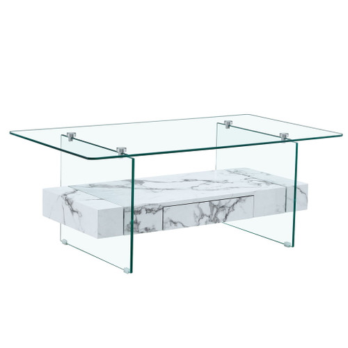 Modern 2 Tier Square Coffee Table, Elegant Marble Pattern