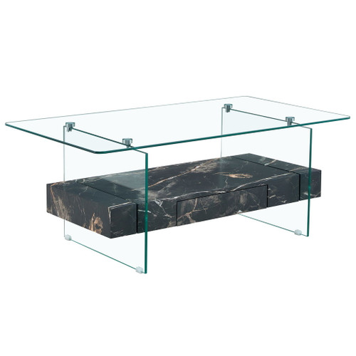 Modern 2 Tier Square Coffee Table, Elegant Marble Pattern