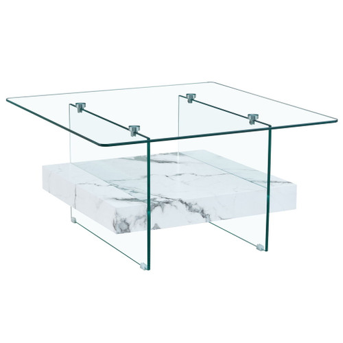 Modern 2 Tier Square Coffee Table, Elegant Marble Pattern