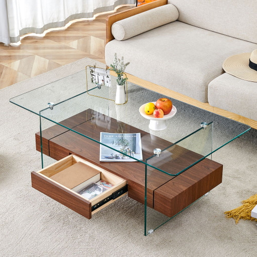 Modern 2 Tier Square Coffee Table, Elegant Marble Pattern