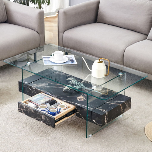 Modern 2 Tier Square Coffee Table, Elegant Marble Pattern