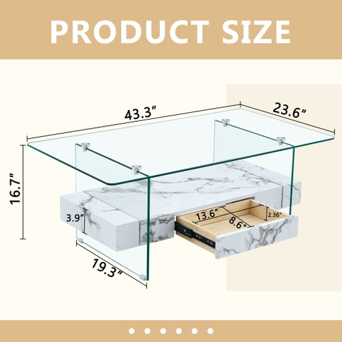 Modern 2 Tier Square Coffee Table, Elegant Marble Pattern