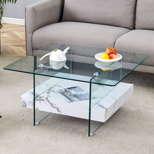 Modern 2 Tier Square Coffee Table, Elegant Marble Pattern