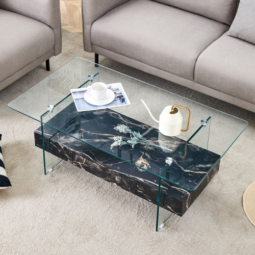 Modern 2 Tier Square Coffee Table, Elegant Marble Pattern