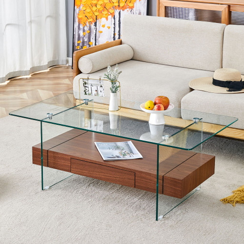 Modern 2 Tier Square Coffee Table, Elegant Marble Pattern