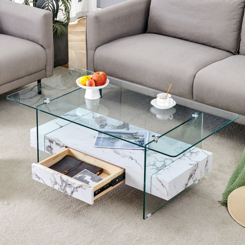 Modern 2 Tier Square Coffee Table, Elegant Marble Pattern