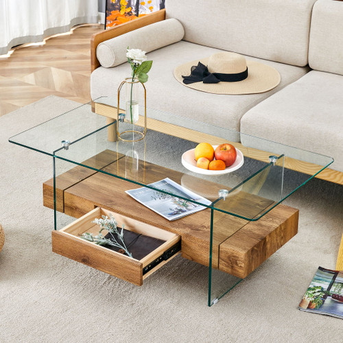 Modern 2 Tier Square Coffee Table, Elegant Marble Pattern
