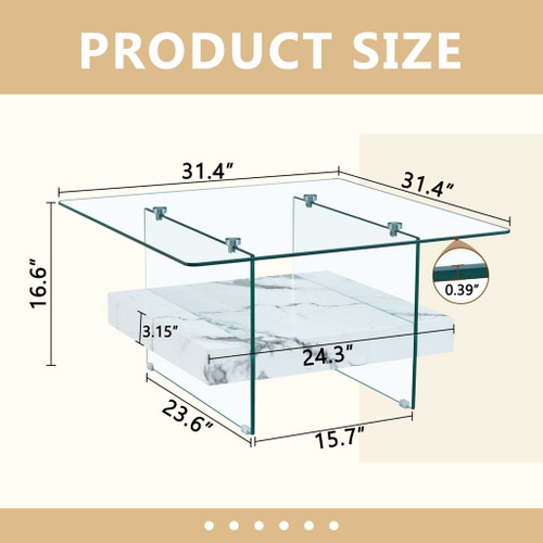 Modern 2 Tier Square Coffee Table, Elegant Marble Pattern