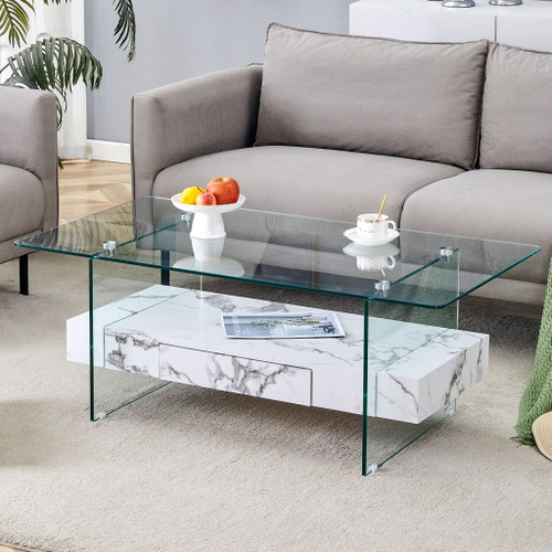 Modern 2 Tier Square Coffee Table, Elegant Marble Pattern