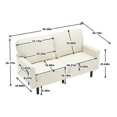Mid Century Modern Loveseat Sofa With USB Ports, Removable Pillow Cover