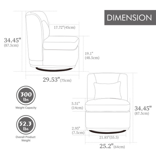 Wide Modern Cushioned Armless Metal Base 360° Swivel Chair With Pillow