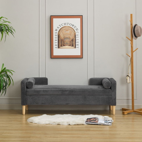 Wide Corduroy Storage Soft Bench With Armrests, Backrest And Two Bolster Pillows