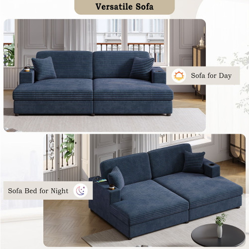 Oversized Loveseat Chaise With 2 USB Ports, 2 Cup Holders And 2 Throw Pillows
