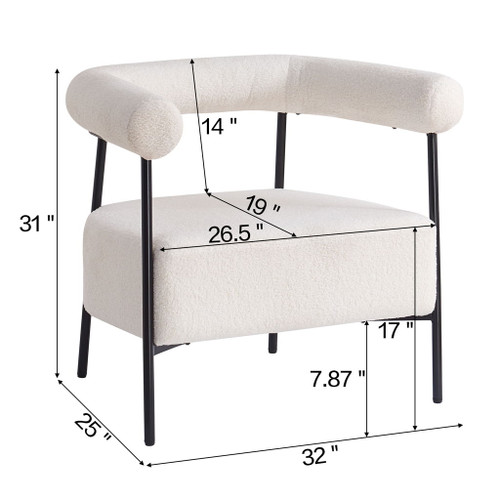 Modern Boucle Fabric Upholstered Accent Chair, Curved Armchair With Metal Frame - White