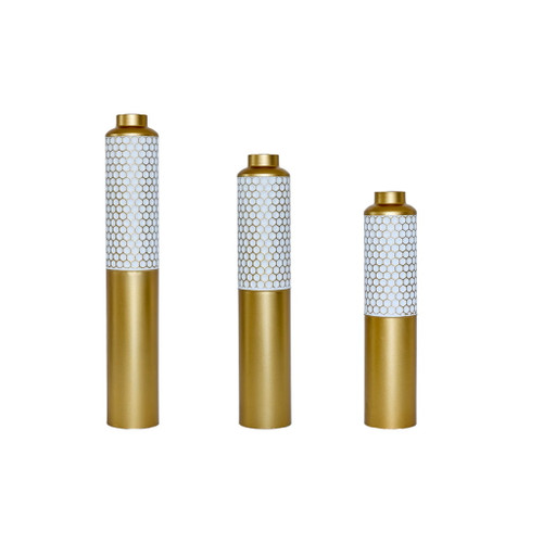 Modern Droplet Shaped Floor Vase Set Honeycomb Design, 3 Piece Metal Decorative Vases For Home Interior Display - Gold / White