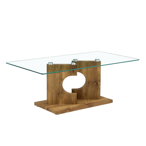 Modern Rectangular Coffee Table With Tempered Glass Top - Natural Wood