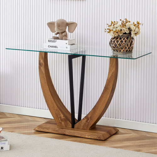 Modern Minimalist Rectangular Glass Table With Tempered Glass Top And Wood Grain Legs For Entrance And Living Room - Transparent