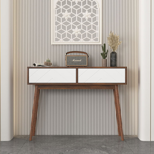 Rustic Entryway Console Table With Carved Panel Drawers And Wood Legs - Natural