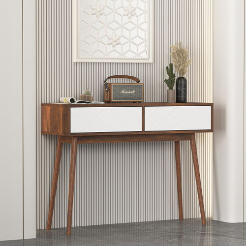 Rustic Entryway Console Table With Carved Panel Drawers And Wood Legs - Natural