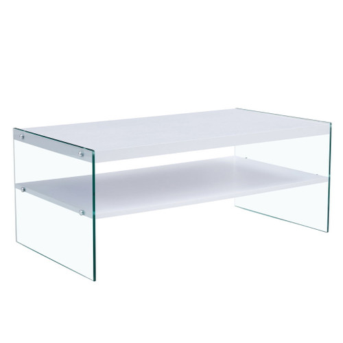 Modern Double Rectangular Coffee Table With Storage Function And Transparent Tempered Glass - White