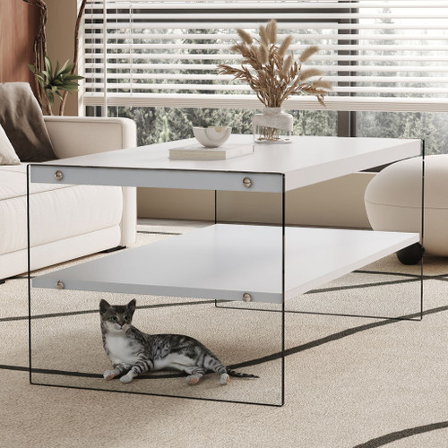 Modern Double Rectangular Coffee Table With Storage Function And Transparent Tempered Glass - White