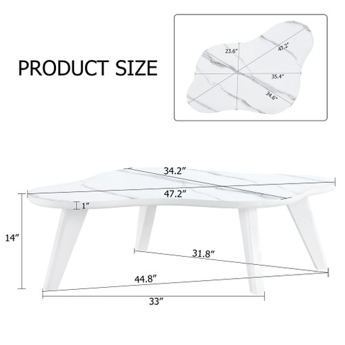 Modern Minimalist Imitation Marble Coffee Table With Solid Wood Legs And Cloud Shape Design - White