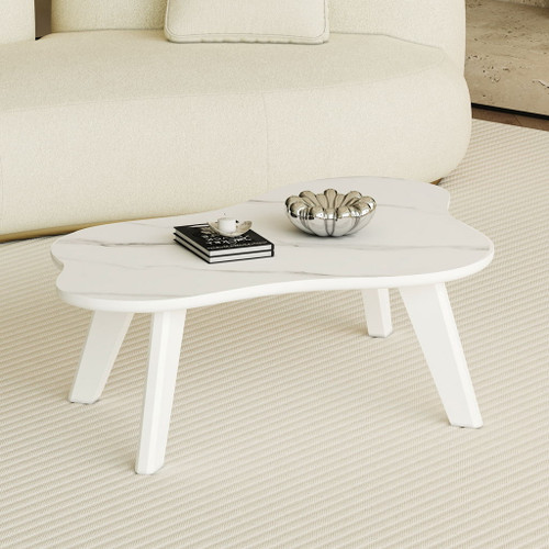 Modern Minimalist Imitation Marble Coffee Table With Solid Wood Legs And Cloud Shape Design - White