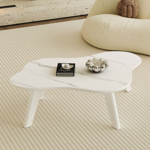 Modern Minimalist Imitation Marble Coffee Table With Solid Wood Legs And Cloud Shape Design - White