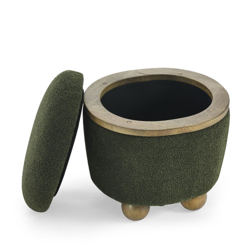 Modern Round Storage Ottoman With Cushioned Seat And Storage Space Dark Loop Yarn Small Size - Green