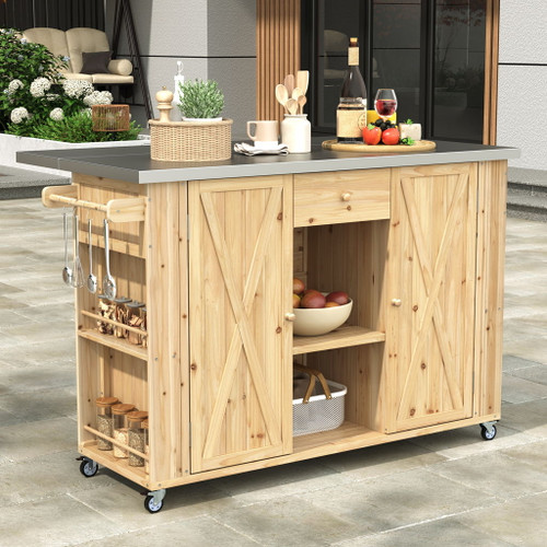 Outdoor Kitchen Island With Stainless Steel Top, Ample Storage Space, Towel And Spice Racks And A Bottle Opener