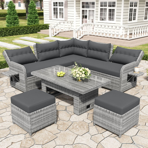 Outdoor Furniture Set Patio Rattan Furniture Set With Adjustable Table, Recliners With Extendable Side Tables And 2 Ottomans