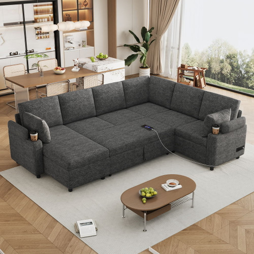 U-Shaped Sectional Sleeper Sofa With Ample Storage Space, 2 Cup Holders And Charging Ports For Living Room