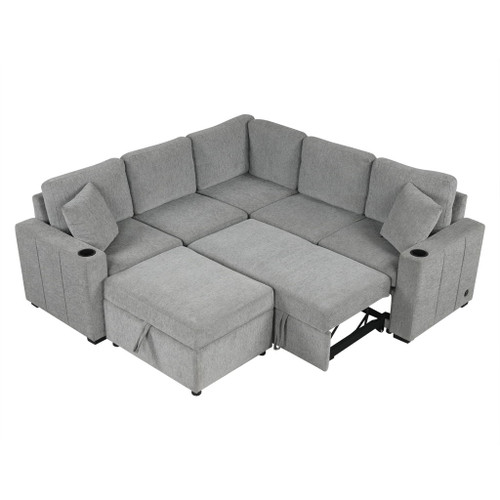 Sectional Sofa Convertible Pull-Out Sofa Bed With A Movable Storage Ottoman For Living Room