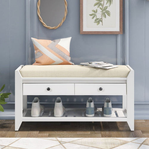 Multipurpose Entryway Shoe Rack With Cushioned Seat And Drawers