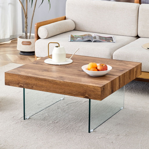 Natural Style Coffee Table With Glass Legs - Wood Grain Texture
