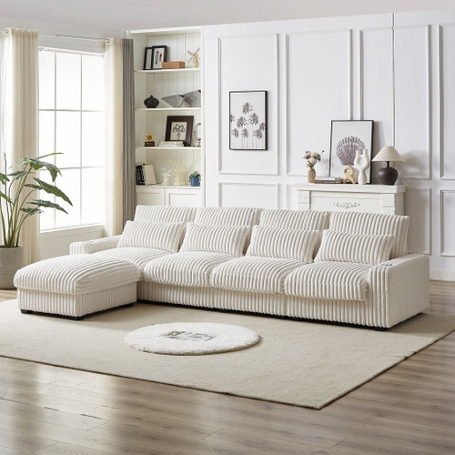 Corduroy With Cup Holder Super Large L Shaped Sofa, Movable Footrest, 4 Waist Pillows And 4 Back Cushion, With USB Port And Type - C Port - Beige