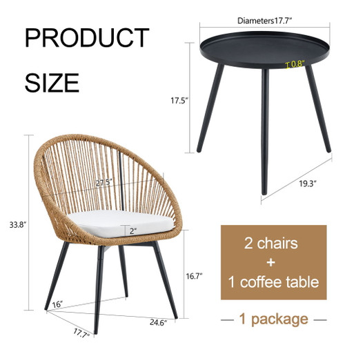 Modern 3 Piece Set, Anti - Spill Round Coffee Table, 2 Rattan Swivel Chairs, Outdoor Patio Furniture For Tea Time - Black / Wood