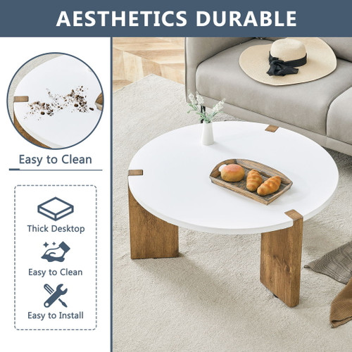 Minimalist Circular Coffee Table With Embedded Leg Design - White / Wood