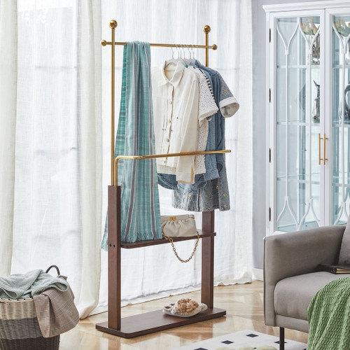 Hanger Double Layer Coat Rack With Solid Wood Partition - Gold / Walnut