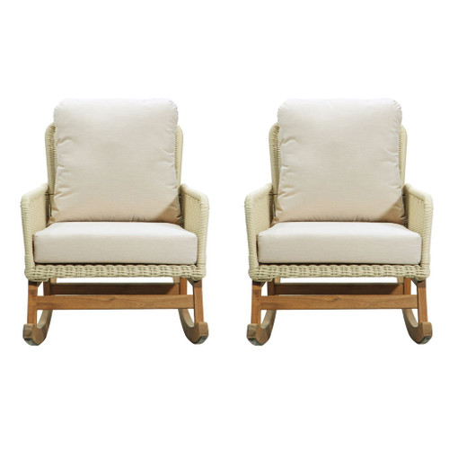 Contemporary Minimalist Wicker Rocking Chair Set With Soft Polyester Cushions And Durable Wooden Frame For Indoor And Outdoor Spaces - Ivory