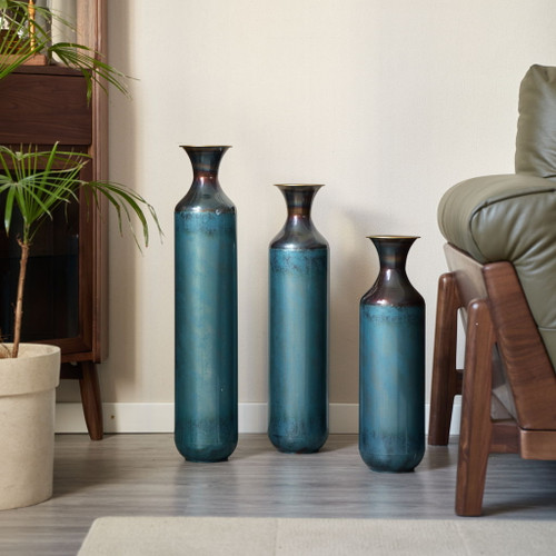 Modern Droplet Shaped Floor Vase Set, Glazed Metal Decorative Vases 3 Piece Home Decor - Aqua Blue