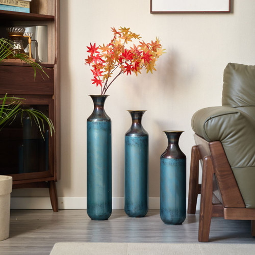 Modern Droplet Shaped Floor Vase Set, Glazed Metal Decorative Vases 3 Piece Home Decor - Aqua Blue