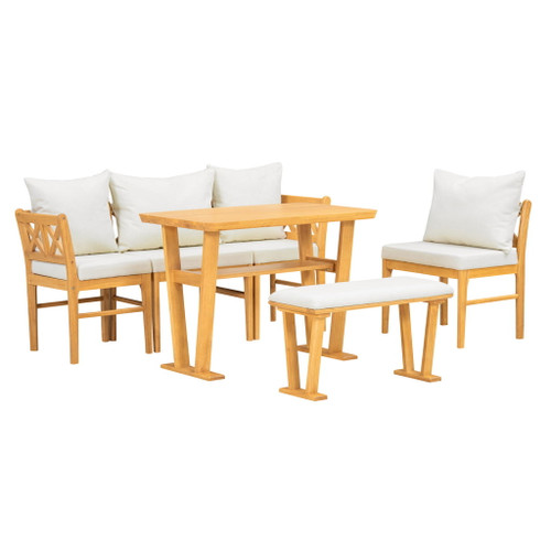 Farmhouse Solid Wood Dining Nook Set For 6, Space Saving High Top Corner Table With Bench & Chairs - Natural / White