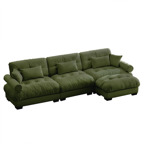 Modern Sectional Sofa With Ottoman, Round Bolster Armrests, Waist And Throw Pillows