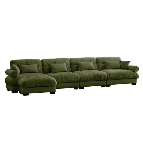 Modern Sectional Sofa With Ottoman, Round Bolster Armrests, Waist And Throw Pillows
