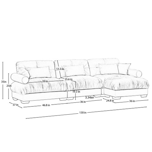 Modern Sectional Sofa With Ottoman, Round Bolster Armrests, Waist And Throw Pillows